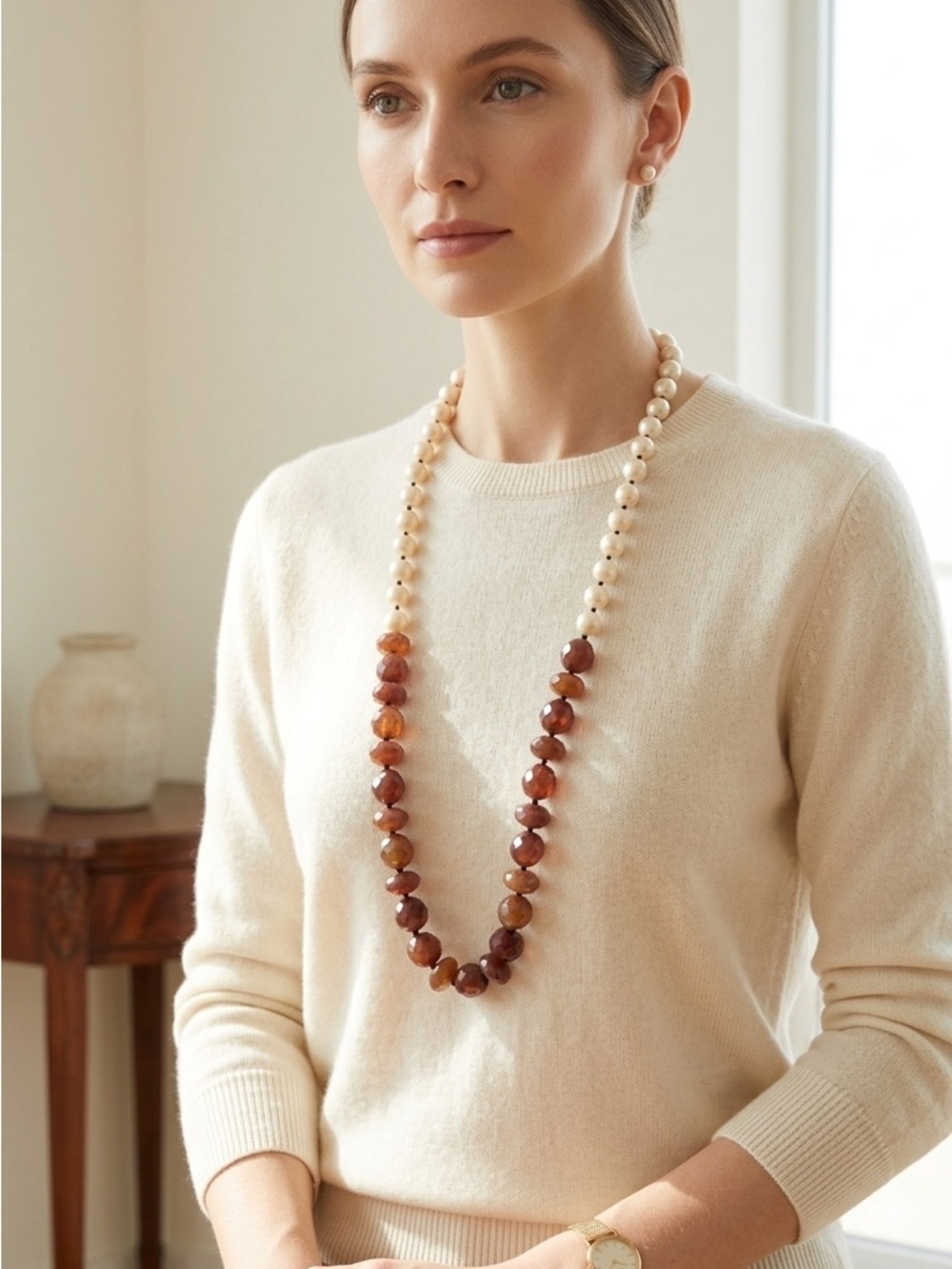Kate Spade Cream & Amber Brown Faceted Pearl Long Beaded Necklace